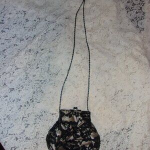 BLACK LACE FORMAL FLORAL CLUTCH KISS LOCK SHOULDER EVENING BAG